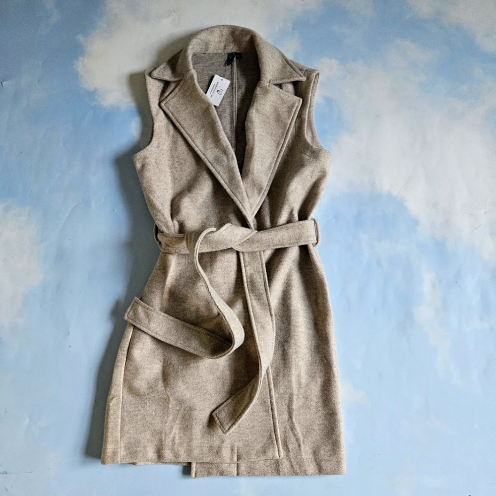 Sleeveless Tan Wool Belted Vest Stylish Trench Vest